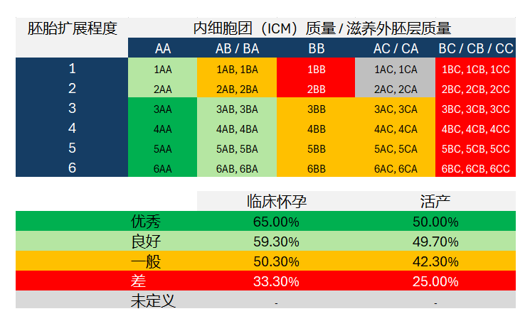 胚胎分级表及怀孕和活产率