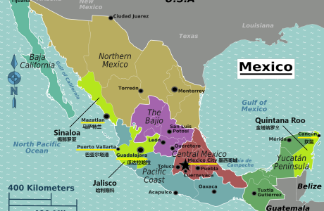 Mexico map with surrogacy hotspot names in English and Chinese